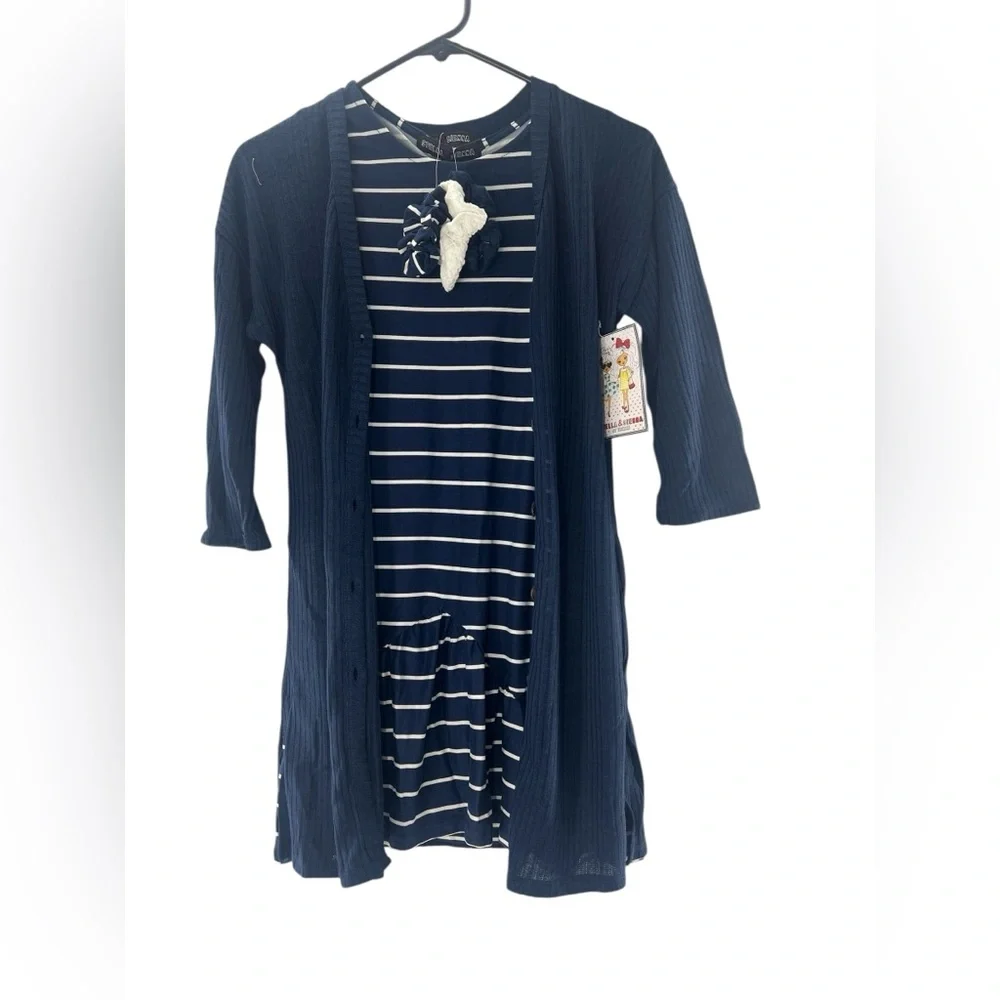Stella & Sienna 3-Pc Set Midi Stripe Dress, Navy Blue Button-Up Cardigan L